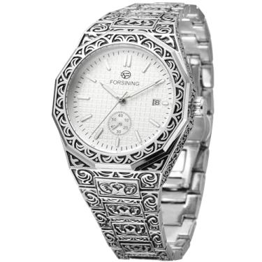 Imagem de FORSINING Relógio masculino moderno, vintage, automático, impermeável, minimalista, com pulseira de aço inoxidável, 5, prata e branco, Retrô