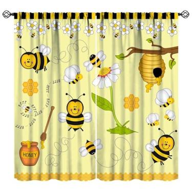 Imagem de Cortinas de abelha para quarto de menino e menina, arte de abelha de mel, estampa de arte blackout para sala de estar e cozinha, tecido, 2 painéis, 106 x 113 cm, taxa de sombreamento de 30%