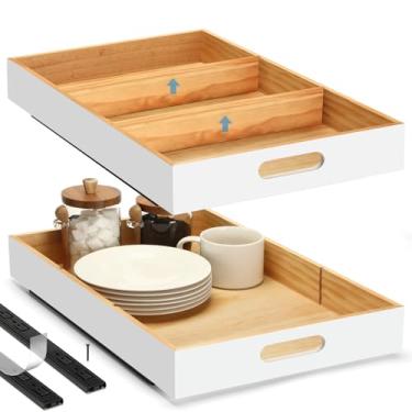 Imagem de CroBlissful 2 organizadores de armário com divisórias removíveis, gavetas deslizantes de madeira sem pregos de 35,5 cm L x 53 cm P com fita adesiva, prateleiras dobráveis para cozinha, despensa