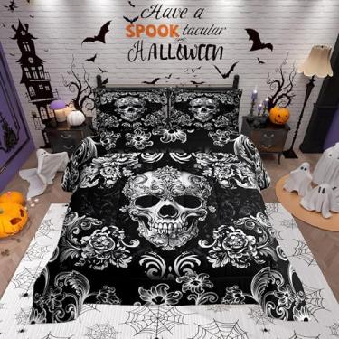 Imagem de Castle Fairy Conjunto de edredom de esqueleto de flor de Halloween, tamanho casal, conjunto de edredom de caveira gótica, decoração de quarto de adolescentes, estilo vitoriano, retrô, floral