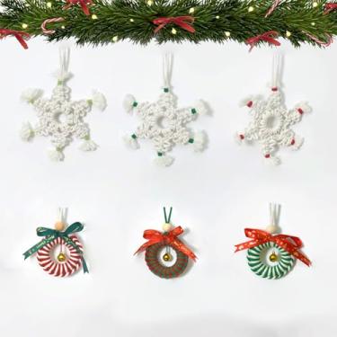 Imagem de NEONWE Pacote com 6 enfeites de Natal feitos à mão em crochê – Conjunto de flocos de neve brancos boho e guirlanda vazada para Natal, decorações festivas de festa em casa