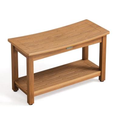 Imagem de Banco de chuveiro grande de 76 cm, banco de banho de madeira de poliéster para chuveiro interno, impermeável, cadeira de banheiro HDPS para barbear as pernas, antiderrapante e sem manutenção, marrom