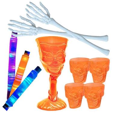Imagem de Kit Copo Taça Caveira + 4 Mini Shot + 2 Mãos Esqueleto + 3 Bastões Led