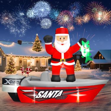 Imagem de Kalolary Barco de pesca inflável de Papai Noel de Natal, 2,5 m, decorações de Natal ao ar livre com luzes LED embutidas, decoração vibrante de festival de Natal para gramado, quintal, jardim, festa de