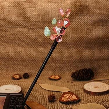 Imagem de Gancho de cabelo de madeira vintage, estilo chinês, flor enrolada, gancho de cabelo com borla, grampo de cabelo clássico para senhora