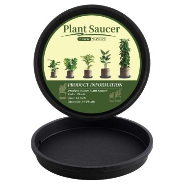 Imagem de NATSUKY Pires para plantas, pacote com 2, 35,5 cm, 25,5 cm, 30,5 cm, 35,5 cm, bandejas redondas para uso interno, pires de plantas de plástico resistente para vasos ao ar livre sem furos gotejamento