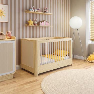 Imagem de Berço 2 em 1 com Rattan e Grades Palito em Madeira Maciça Wave Casatema Natural/Branco