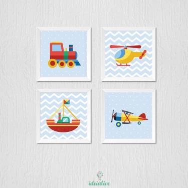 Imagem de Quadro Infantil Decorativo Avião, Trem e Barco - Kit com Molduras - no