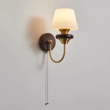Imagem de Luminária de parede nórdica de madeira, luminária de parede moderna de latão com interruptor de corrente e abajur de PE, arandelas de madeira maciça de nogueira retrô Wabi Sabi com fiação pa