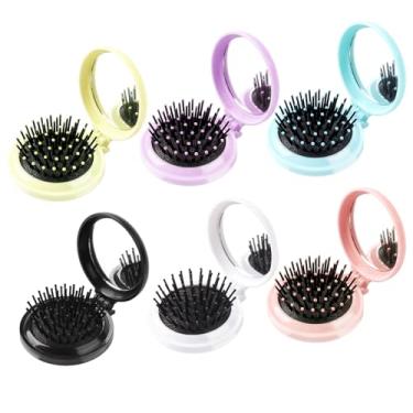 Imagem de 6 peças de escovas de cabelo dobráveis para viagem, redondas, portáteis, com bolso, mini pente de cabelo compacto, tamanho de viagem para meninas e mulheres
