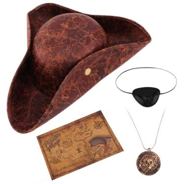 Imagem de Chanaco Acessórios de pirata, fantasia masculina, 4 peças, colar, mapa e tricórnio marrom, chapéu de capitão para mulheres, adultos, festa de Halloween, cosplay, aniversário, piratas, decorações