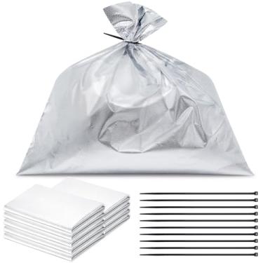 Imagem de Shinylin Sacos de lixo descartáveis de PEBD de 50 x 45 cm, pacote com 10 sacos sanitários de folha de alumínio cinza com laços torcidos para receptáculo de cigarro de cessar-fogo de fumante