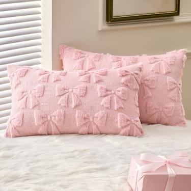 Imagem de MIULEE Capas de almofada de laço rosa decoração de quarto coquete conjunto de 2 almofadas decorativas fofas de Natal fronha de pelúcia sintética para cama de menina sofá 30 x 50 centímetros