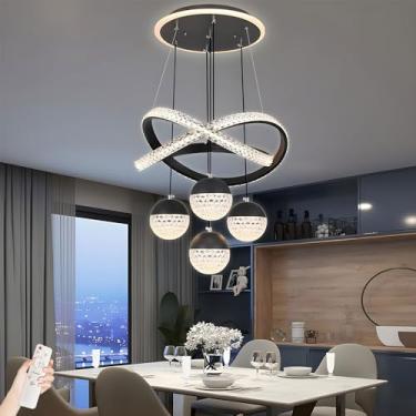 Imagem de Lustre pendente de cristal moderno com controle remoto, luminária de teto preta ajustável para sala de jantar, sala de estar, cozinha e ilha