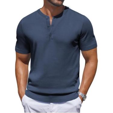 Imagem de Camiseta masculina COOFANDY de malha Henley de manga curta azul marinh