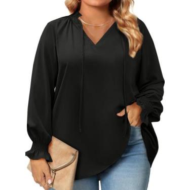 Imagem de Blusa feminina Eytino plus size com decote em V, manga comprida, preta