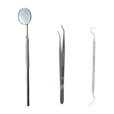 Imagem de Kit Clínico Odontológico Profissional, 3 Peças: Pinça Clínica, Sonda Exploradora Nº 5, Espelho Bucal Nº 5 com Cabo Plástico para Exame e Procedimentos