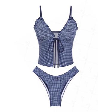 Imagem de Conjunto de tanquíni Seamoly Gingham Bowknot Decor Ruffles Midnight Bl