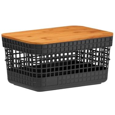 Imagem de Cesto Organizador com Tampa de Bambu, 2,5L, Caixa Multiúso P/Banheiro Escritório Armário, Design Elegante C/Ventilação, Decoração (Preto)