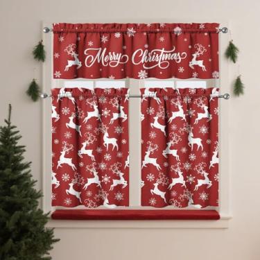 Imagem de QXWREL Conjunto de cortinas de cozinha de Natal para janelas Feliz Natal alce vermelho floco de neve cortina pia janela conjunto 3 peças decoração cozinha camadas cortinas 3 painéis para sala de estar
