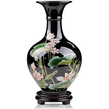 Imagem de Vaso de cerâmica preto 24 x 14 cm | Mesa de centro de mesa pequena de porcelana adequada para sala de estar, estudo, quarto, flores