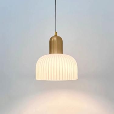 Imagem de YQSLQZZ Luminária pendente de sala de jantar francesa vintage com abajur de vidro branco lustre de cabeceira de quarto, luzes de teto de teto ajustáveis em altura, luzes E27*1