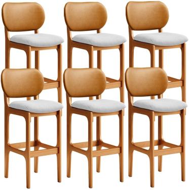 Imagem de Kit 6 Banquetas Alta Bar Cozinha Jantar Betta L02 Imbuia Couríssimo Whisky Linho Cinza - Lyam Decor