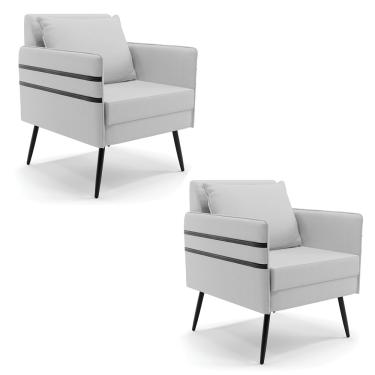 Imagem de Kit 02 Poltronas Mari Linho Cinza A05 Pés Palito de Ferro Preto - D'Rossi