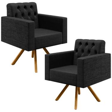 Imagem de Kit 02 Poltronas Giratórias Base de Madeira Manu L02 Capitonê Linho Chumbo - Lyam Decor