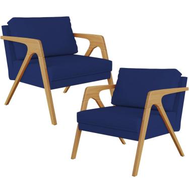 Imagem de Kit 02 Poltronas Decorativas Sala Pietra Estrutura De Madeira L02 Suede Azul Marinho - Lyam Decor