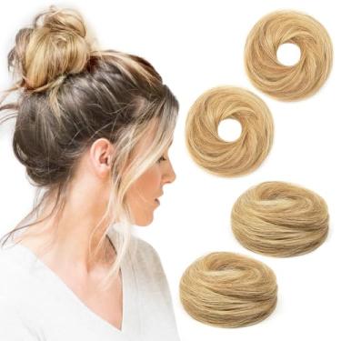 Imagem de TANJET Faixa de borracha elástica para coque de cabelo humano #Honey Golden Highlights Ondulado Rosquinha elástica 100% cabelo humano real para crianças pré-escolares Extensões de rabo de cavalo (#12