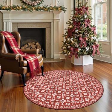 Imagem de jinchan Tapete de Natal redondo com aparência de malha para entrada, quarto, 1,2 m, círculo vermelho, tapete de férias para sala de estar, estampa de floco de neve, 1,2 m, decoração de Natal, tapete
