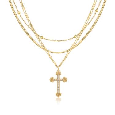 Imagem de Pancert Colar de cruz para mulheres, moderno, banhado a ouro 14K, colar de crucifixo em camadas banhado a prata para mulheres, clipe de papel, colar de espinha de peixe com contas planas, pingente de