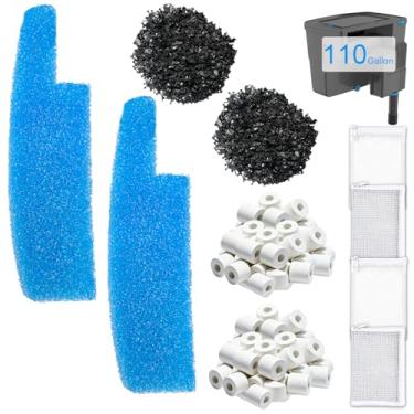 Imagem de Kit de filtro de aquário compatível com filtro Seachem Tide 110 galões - Inclui 2 esponjas azuis, 2 sacos de carbono ativado, 2 anéis de cerâmica e 4 sacos de malha