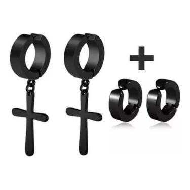 Imagem de Brinco Argola Cruz Preto Black Pressão Kit 2 Pares Unissex - Outlet Bo