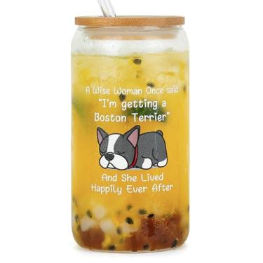 Imagem de DECZHIYU Presentes Boston Terrier para mulheres - Presentes de aniversário e Natal para amantes de cães Boston Terrier - Presente para mãe e pai dono para o Dia das Mães - Copo de vidro de 473 ml com
