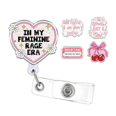 Imagem de (Conjunto de 5 designs) Carretel de crachá feminino Cotteque de 5 cm, porta-crachás retráteis de laço rosa fofo, suporte de crachá de identificação de acrílico, cordão feminista, acessórios de