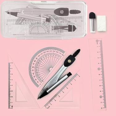 Imagem de Conjunto de 7 peças de medidor circular de metal mais conjunto de réguas geométricas, transferidor matemático e uso de desenho