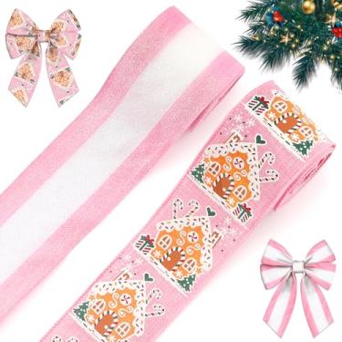 Imagem de 2 rolos de 10 jardas de fitas de borda com fio de Natal, fitas de 6,3 cm rosa e branco com glitter, fita de pão de pinger, casa de doces de Natal para Natal, faça você mesmo, arco de guirlanda de