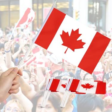 Imagem de Pacote com 12 mini bandeiras canadenses de mão - Bandeiras canadenses pequenas em miniatura - Resistente ao desbotamento e cores vivas - 12 x 20 cm com mastro sólido e topo de lança