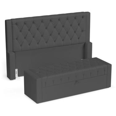 Imagem de Cabeceira E Calçadeira Báu Queen Size Atena 160cm Capitonê Suede Cinza - Desk Design