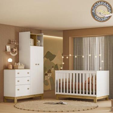 Imagem de Quarto de Bebê com Berço Mini Cama e Roupeiro com Cômoda QEncanto Slim