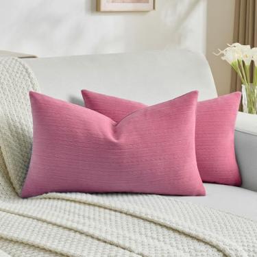 Imagem de FUTEI Capas de almofada decorativas rosa choque 30,5 x 50,8 cm Conjunto de 2, fronhas macias e aconchegantes com estampa listrada de orelha de trigo, decoração de casa moderna para sofá-cama sala de
