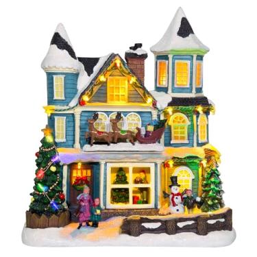 Imagem de WeDoSoy Casa de vila vitoriana azul animada musical iluminada por LED - Edifício colecionável de Natal grande de 30 cm com rena de corrida, decoração de Natal para mesa ou exibição de cornija