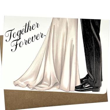 Imagem de Lindo cartão de casamento para noiva e noivo, 13 x 18 cm, papel branco grosso com envelope Kraft, cartões de chá de panela com design Together Forever com mensagem interna - 1355