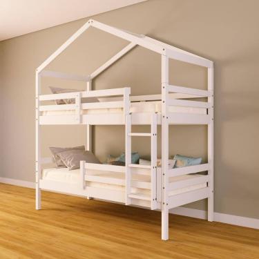 Imagem de Beliche Solteiro Casinha com Grade Proteção Madeira Maciça Branco Megamobilia