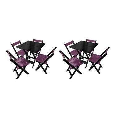 Imagem de Kit 2 Mesas De Madeira Dobrável Preto 70x70 Com 4 Cadeiras Dobráveis Roxo