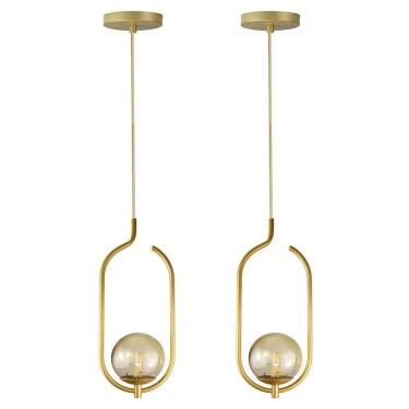 Imagem de Kit 2 Pendentes Lustres On Clip Dourado Globo De Vidro âmbar