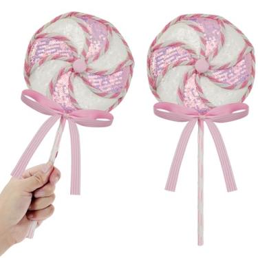 Imagem de 2 peças de enfeites enormes de lantejoulas de veludo, hortelã-pimenta, sprays, glitter, pirulito, doces, palitos de fita listrada, laços de fita para enchimento de árvore de Natal, grinalda