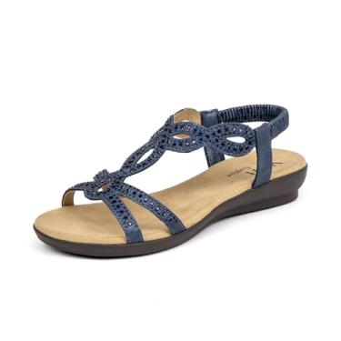 Imagem de VJH confort Sandália rasteira feminina, confortável com tira elástica de strass e bico aberto, sem cadarço, sandálias casuais para caminhada, Azul marinho, 36